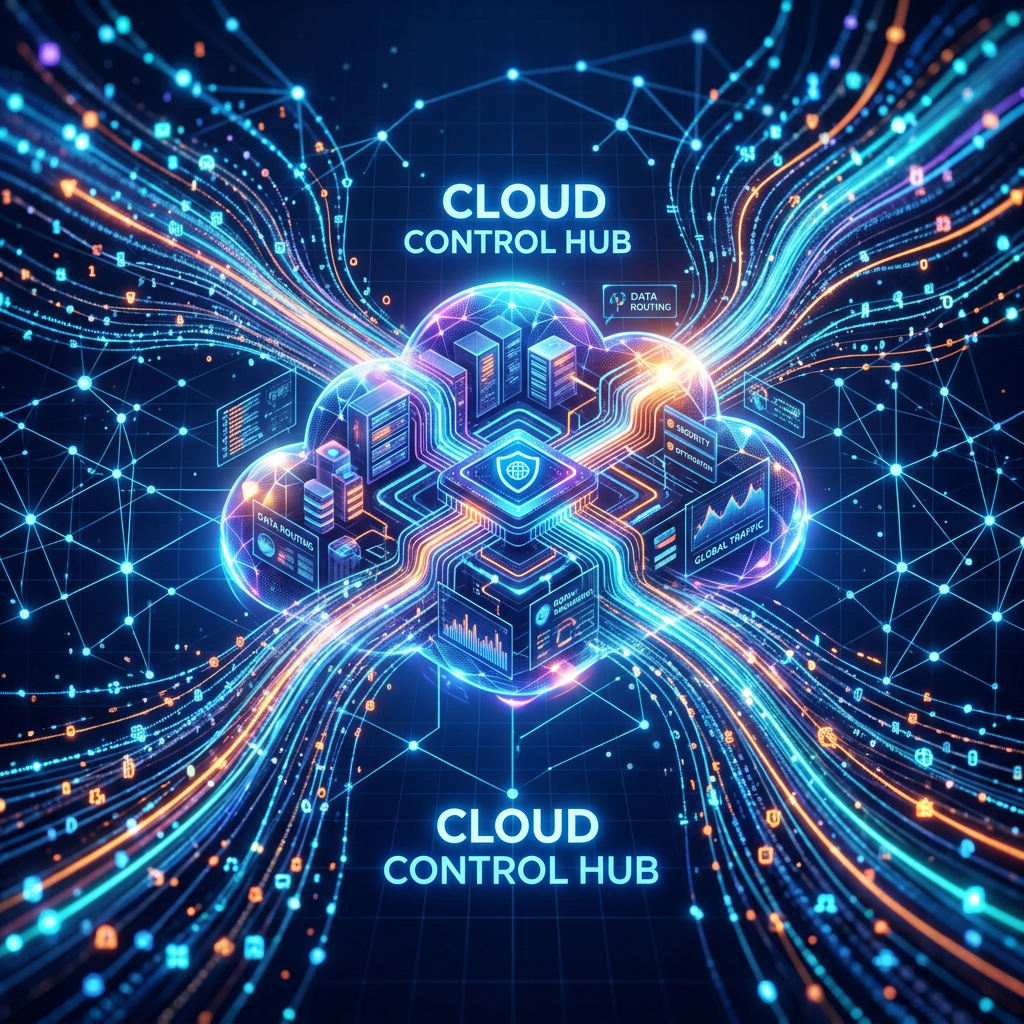 Cloud control hub with data routing, security, and global traffic management