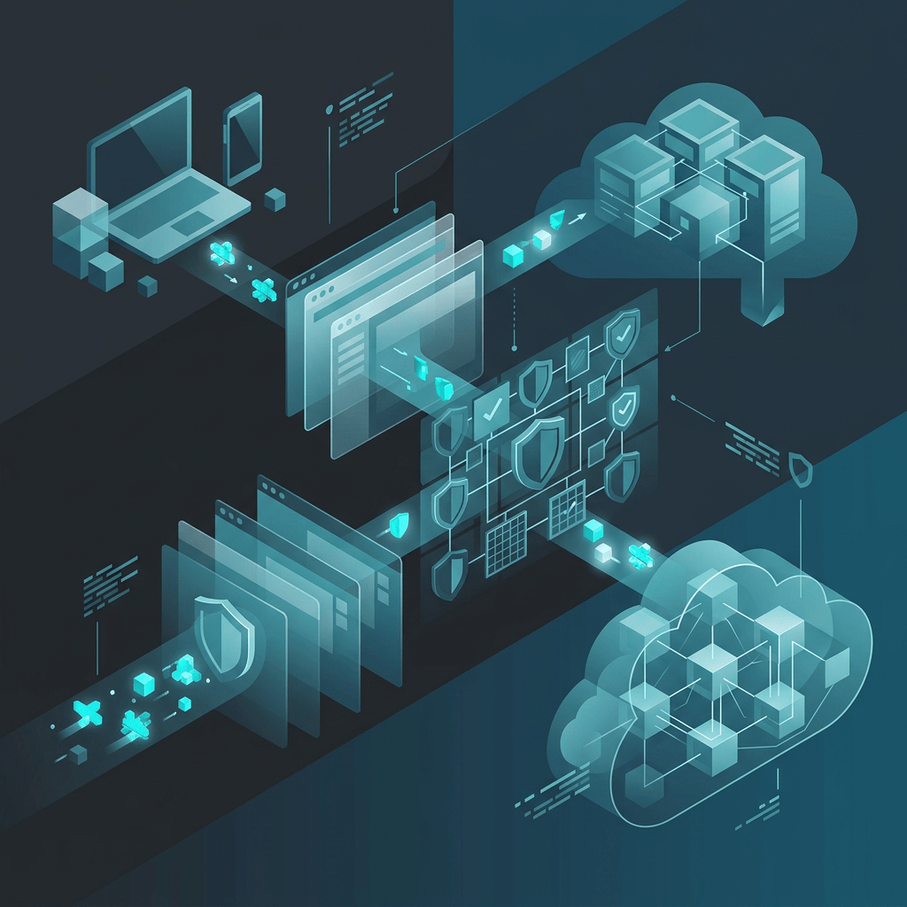 Illustration of interconnected cloud systems, interfaces, and cybersecurity shields