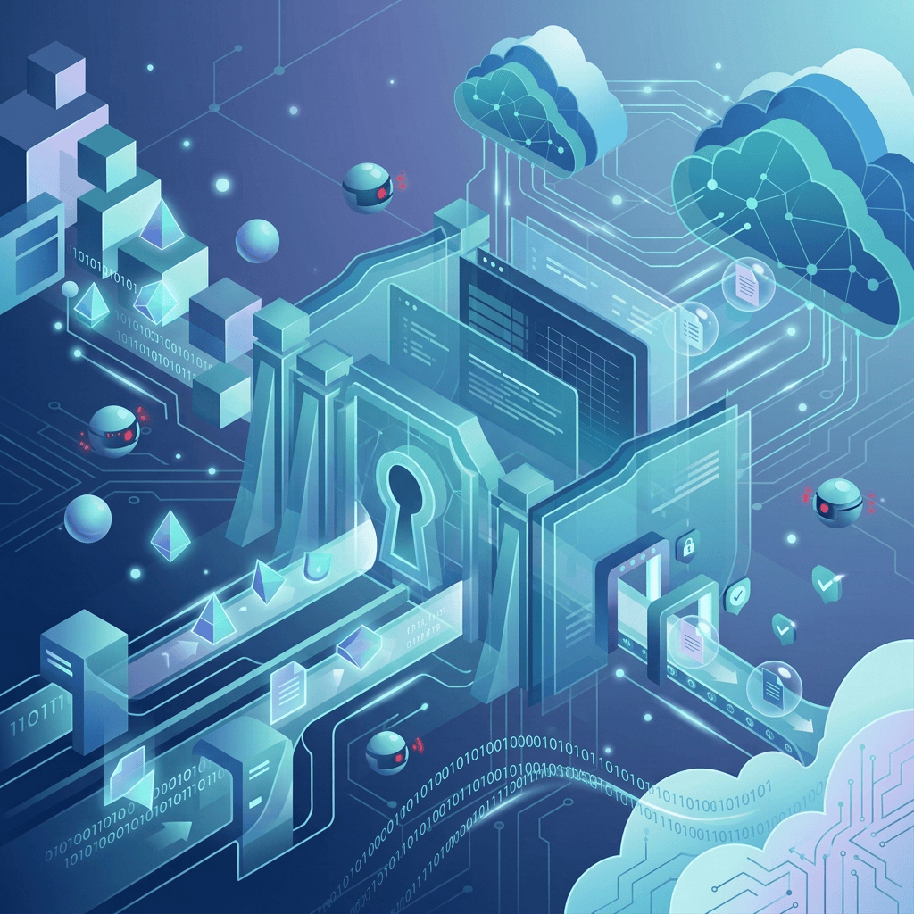 Cloud computing security illustration with shields, locks, encryption, and data networks